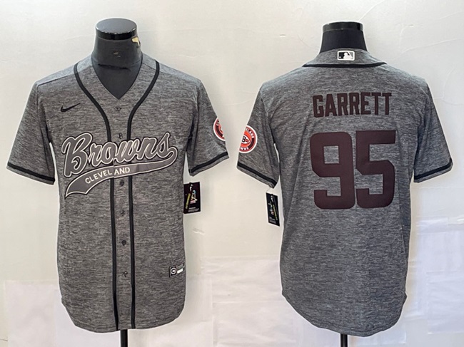 Men's Cleveland Browns #95 Myles Garrett Grey With Patch Cool Base Stitched Baseball Jersey Men's Cleveland Browns #95 Myles Garrett Grey With Patch Cool Base Stitched Baseball Jersey
